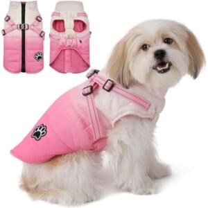 Savlot Winter Dog Coat, Warm Fleece Dog Jacket for Cold Weather, Reflective Snowproof Dog Vest with Zip, Dog Vest, Harness, Puppy, Winter 2-in-1 Outfit (XXL, Pink)