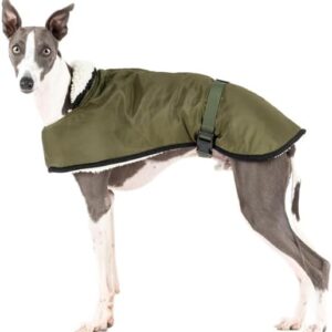Waterproof Coat for Whippets: Style, Protection from Cold and Rain - Lamb Lining, Thermal Insulation, Harness Hole, Ideal for Whippet and Italian Greyhound - Khaki, L