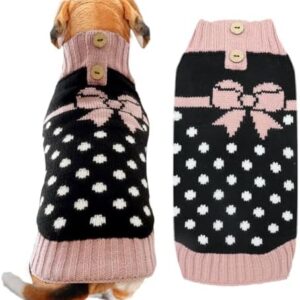 ABRRLO Dog Jumper with Bow Tie - Dot Turtleneck Jumper, Classic Knit, Winter Coat for Dogs, Cold Protection Clothing for Small and Medium Dogs, Cats, Puppies and Girls, XS