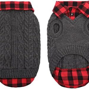 CITÉTOILE Warm Dog Jumper, Turtleneck Knitted Dog Jumper with Check Pattern, Puppy Clothes with Leash Holes for Autumn Winter, Warm Coat Clothing for Small, Medium, Large Pets, Grey, L