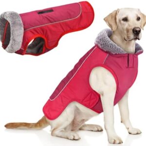 Idepet Dog Coat Warm Jacket Waterproof Pet Coat Snowsuit Reflective Windproof Dog Clothes for Small Medium Dogs Red Black