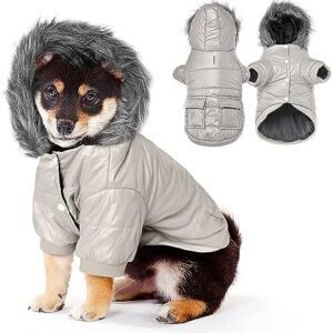 NAMSAN Winter Small Dog Coat Windproof Puppy Hoodie Jacket Snowproof Doggy Parka Snowsuit Warm Cat Clothes Windbreaker with Leash Hole, Gray S
