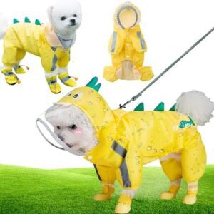 Mikqky Foldable Dog Raincoat, Adjustable Dog Raincoat, Dog Rain Jacket with Hood, Cute Waterproof Dog Raincoat, Dinosaur Dog Raincoat, with Breathable Mesh (L, Yellow)