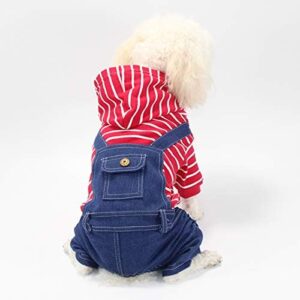 Ranvi Pet Denim Striped Dog Jumpsuit Puppy Cat Hoodie Four-Legged Clothes Teddy Sweatshirt Jeans Overalls(Red,S)